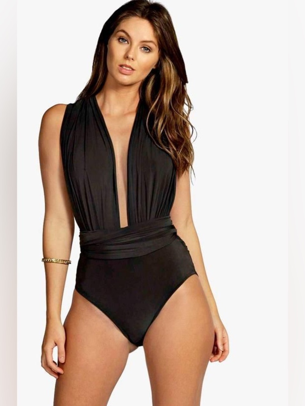 Anne Klein Black Plunging V Halter One Piece Swimsuit Size 10